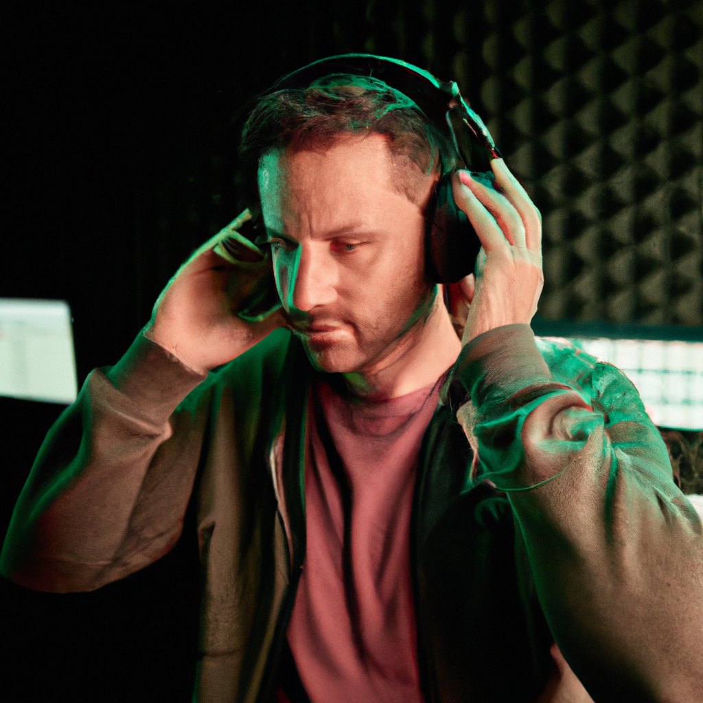 Audio and podcasting instructor wearing headphones in a recording studio